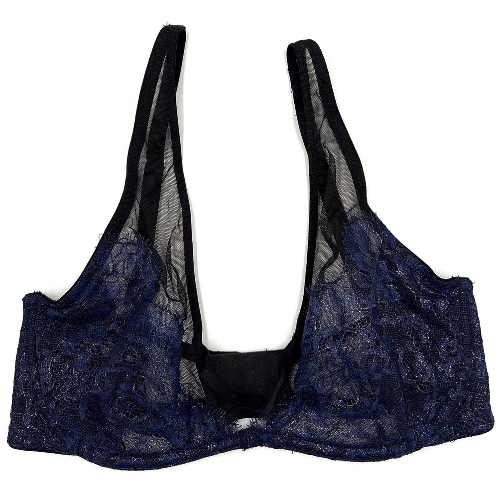 Victoria's Secret Very Sexy Unlined Plunge Bra Navy Blue‎ Lace Mesh 32DD 1503